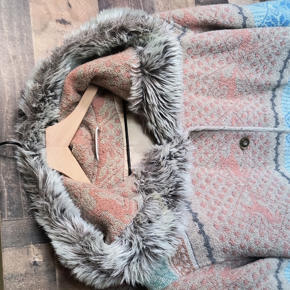 Vintage Nordic Scandinavian Wool Blend Faux Fur Hooded Blanket Coat Sz XL Women - Picture 3 of 17